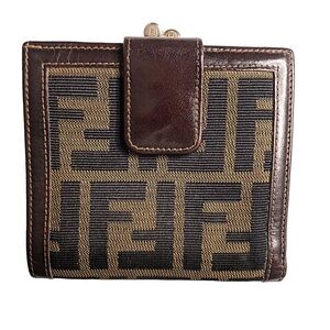 FENDI, Kiss-lock Leather & Zucca Canvas Wallet